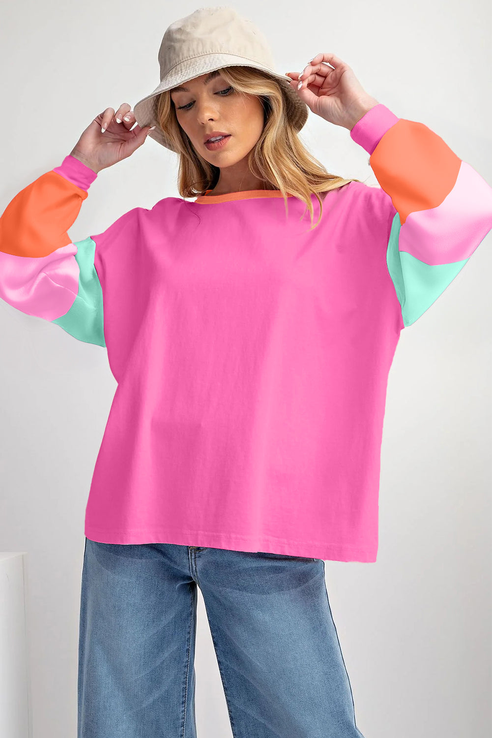 Pink Colorblock Patchwork Long Sleeve Loose Top