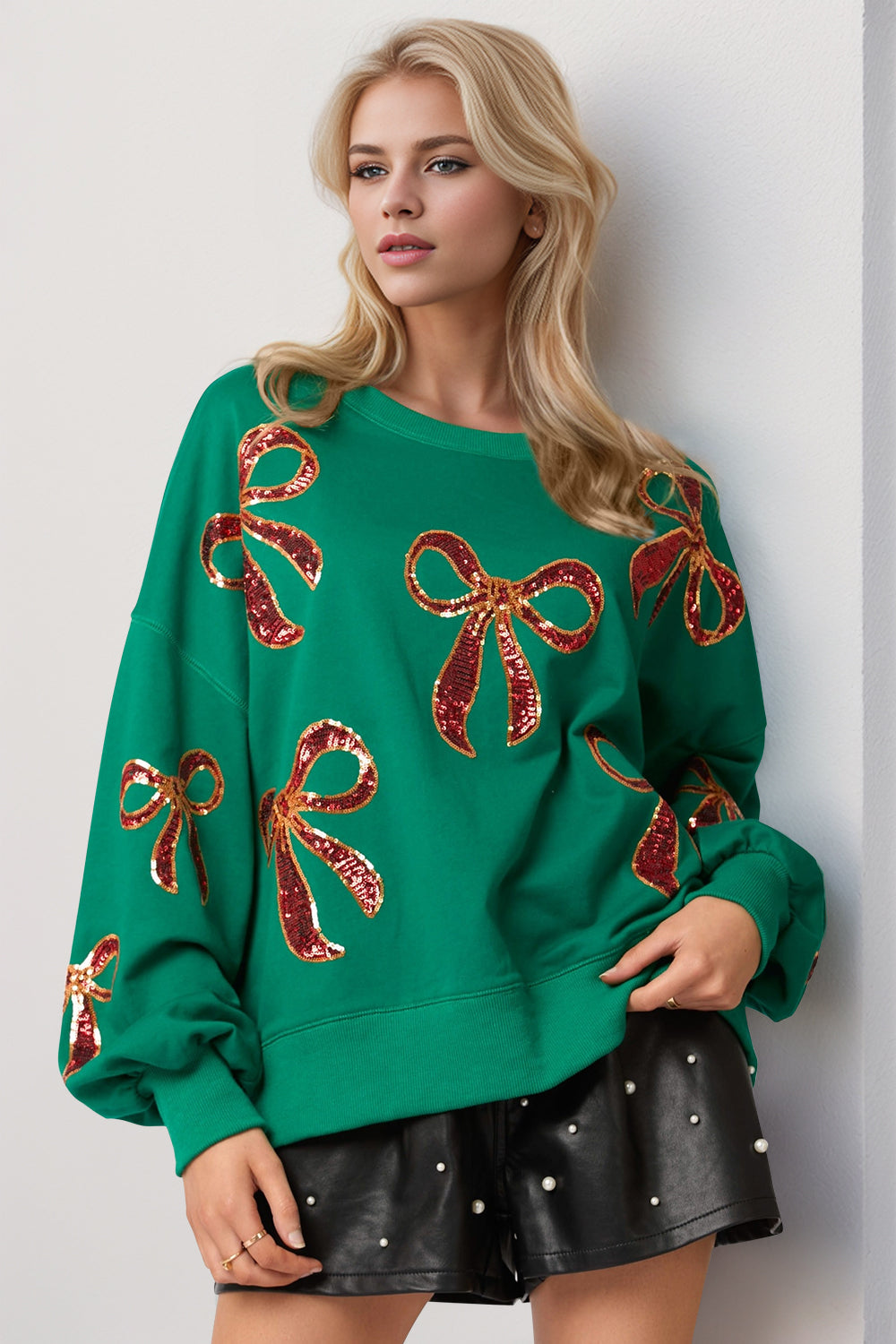 Sequin Bow Dropped Shoulder Sweatshirt