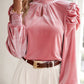 Tie Up Mock Neck Velvet Fabric Long Sleeve Blouse