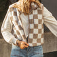 Khaki Checkered Sherpa Collared Jacket Vest