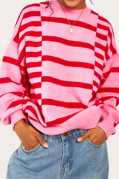 Pink + Red Striped Oversized Dropped Shoulder Sweater