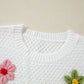 Crochet Flower Round Neck Long Sleeve Sweater