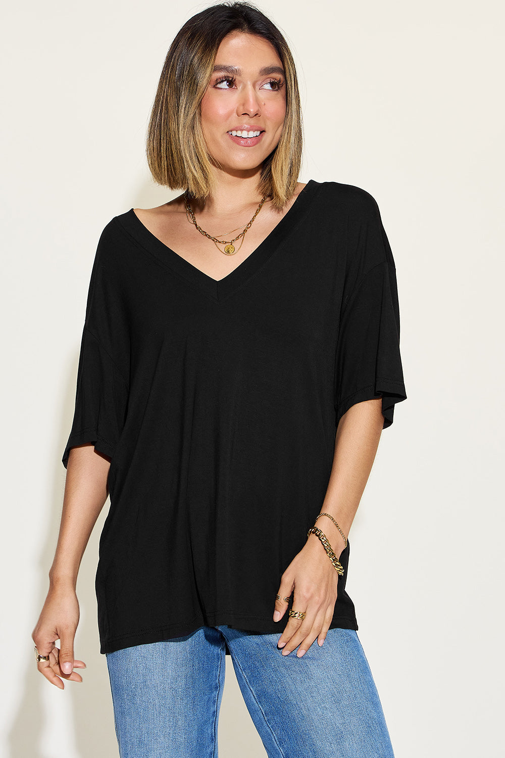 Basic Bae Full Size Bamboo V-Neck Drop Shoulder T-Shirt