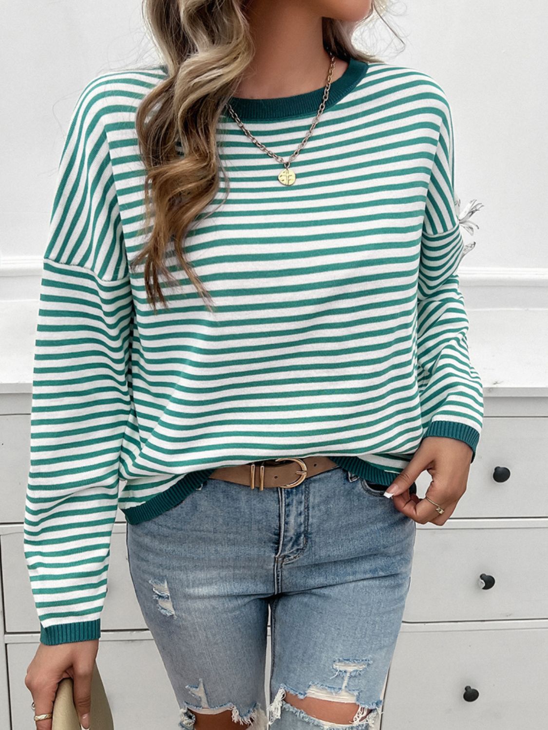 Devine Striped Round Neck Dropped Shoulder Sweater