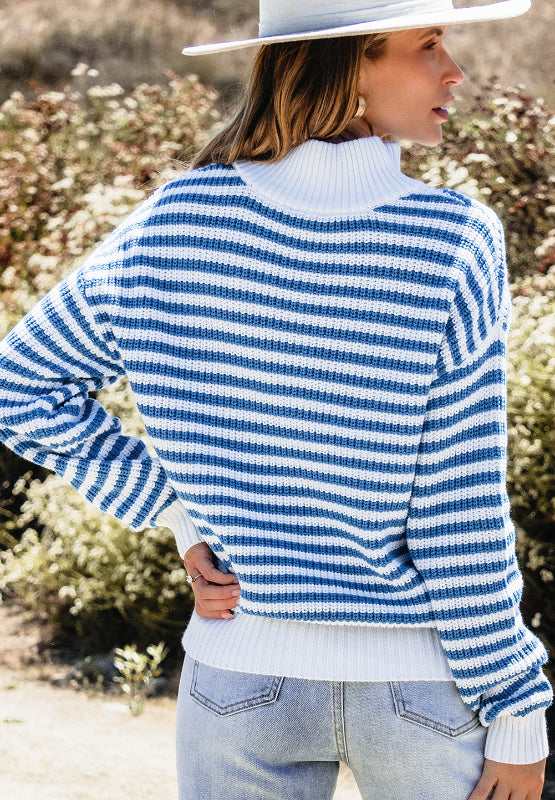 Striped Half Zip Mock Neck Long Sleeve Sweater