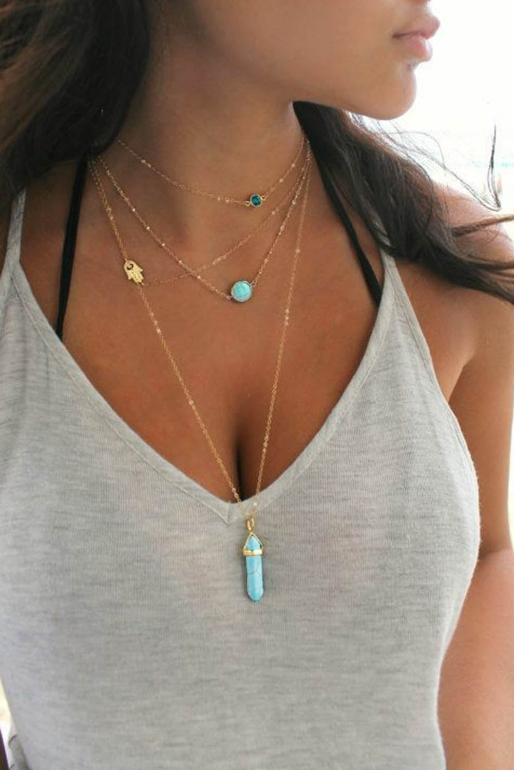 Golden Turquoise Gemstone Cascade Necklace