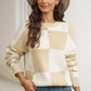 Plaid Round Neck Dropped Shoulder Sweater