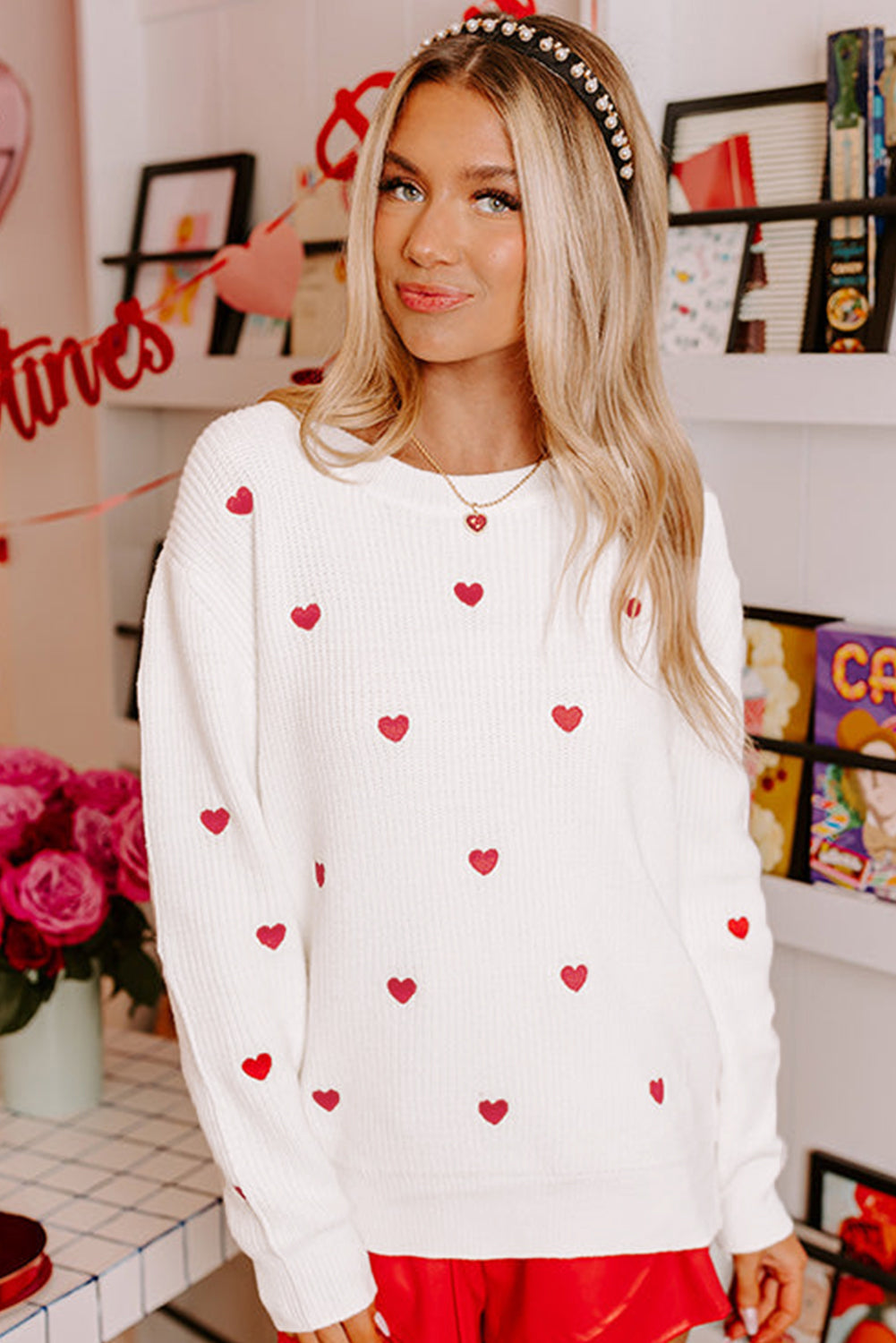 Heart Round Neck Long Sleeve Sweater