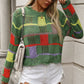 Openwork Color Block Round Neck Sweater