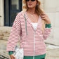 Drawstring Striped Zip Up Long Sleeve Hoodie