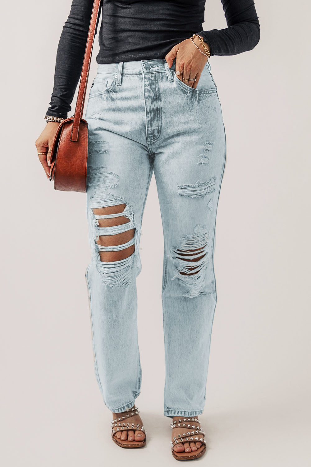 Acid Wash Distressed Straight Leg Jeans