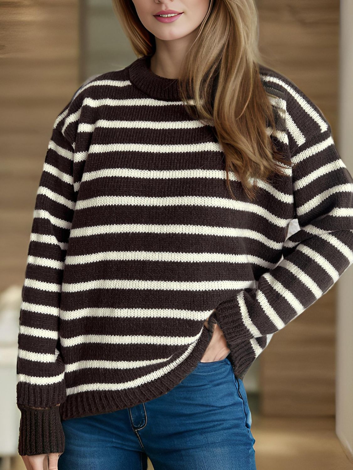 Striped Round Neck Long Sleeve Sweater