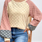 Checkered Contrast Round Neck Long Sleeve T-Shirt