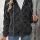 Checkered Texture Zip Up Drawstring Fuzzy Jacket