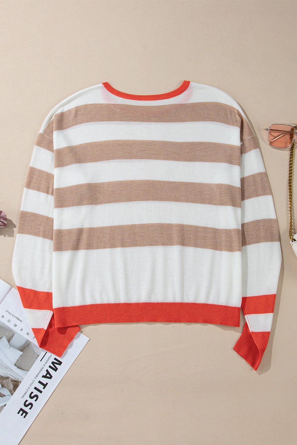 Contrast Striped Round Neck Drop Shoulder Knit Top