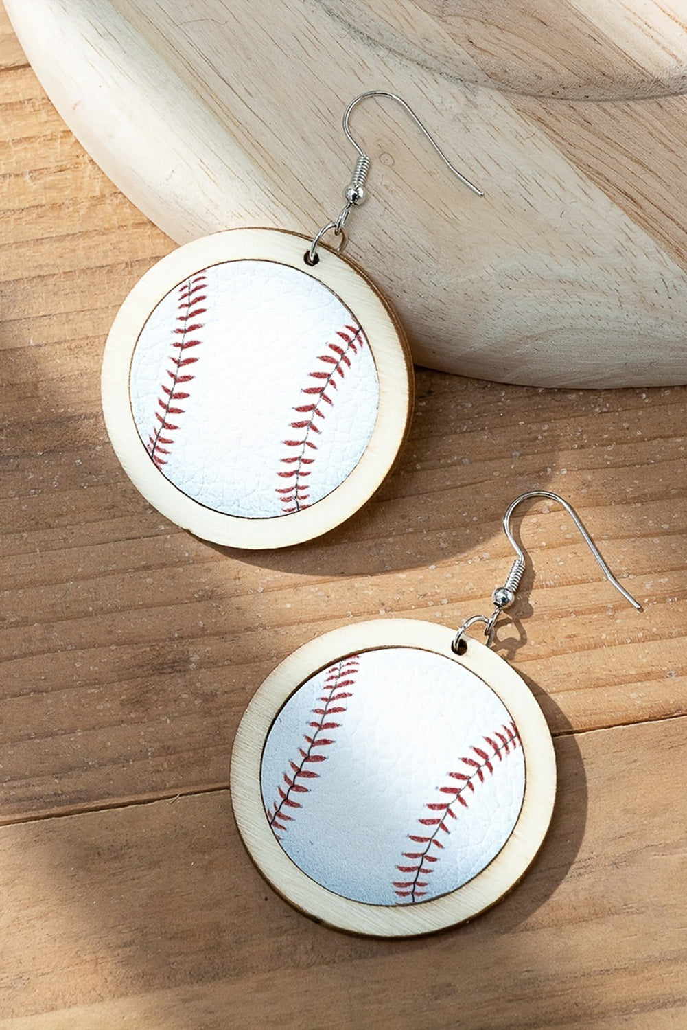 White Wooden Leather Inset Baseball Earrings