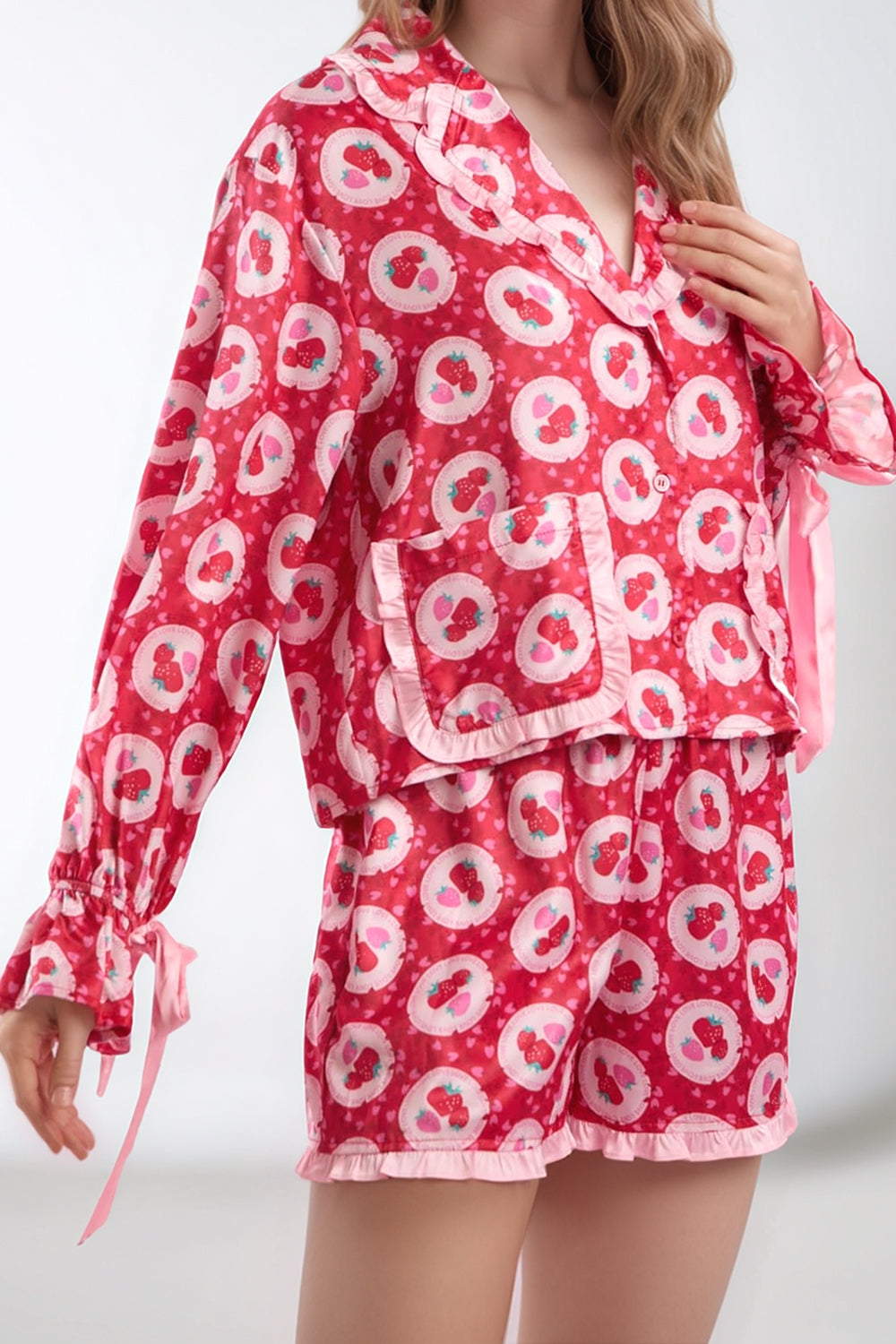 Valentine’s Day Frill Strawberry Print Flounce Sleeve Top and Shorts Lounge Set