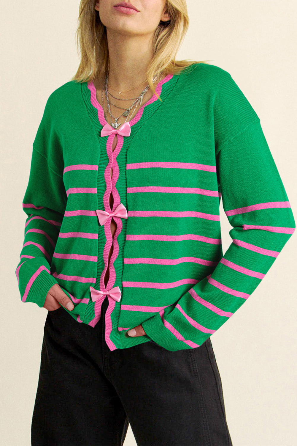 Striped V-Neck Button Bow Cardigan