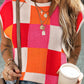 Contrast Plaid Round Neck Cap Sleeve Sweater