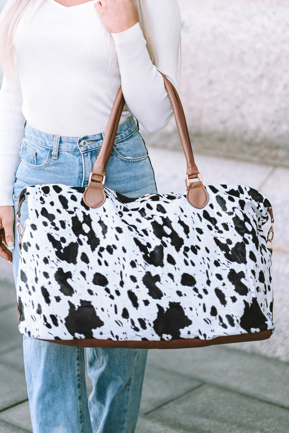 White Animal Print Leather Tote Bag