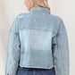 Distressed Pearl Trim Button Up Denim Jacket