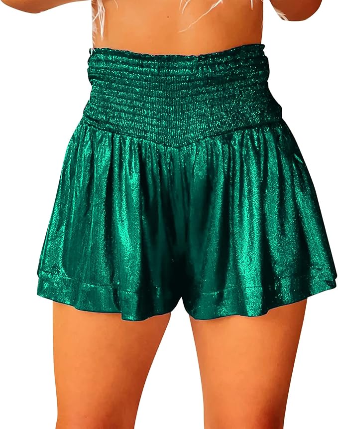 Women Sequin Shorts Smocked High Waisted Flowy Shorts Glitter Sparkly Metallic Shorts