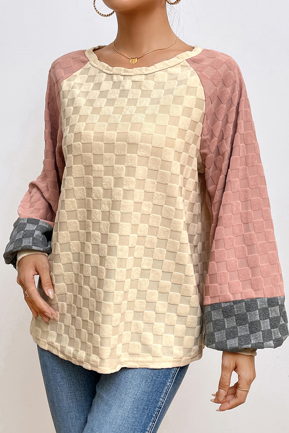 Checkered Contrast Round Neck Long Sleeve T-Shirt