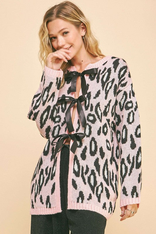 Pink Leopard Print Ribbon Tie Loose Fit Cardigan