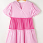 Pink Ricrac Block Accent Puff Short Sleeve Flowy Plus Dress