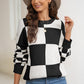 Plaid Round Neck Dropped Shoulder Sweater