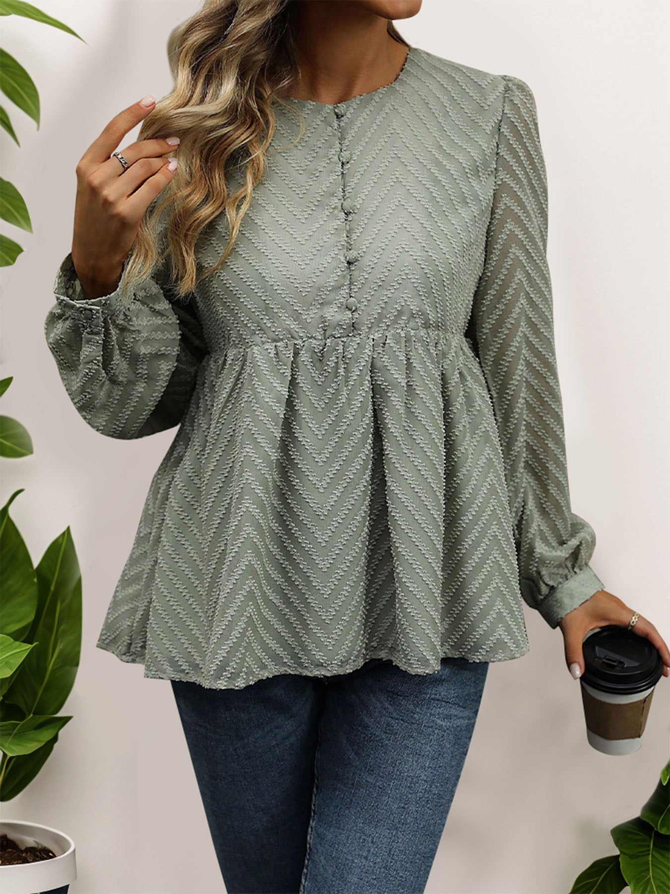 Perfee Peplum Round Neck Long Sleeve Blouse