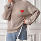 Heart Turtleneck Dropped Shoulder Long Sleeve Sweater