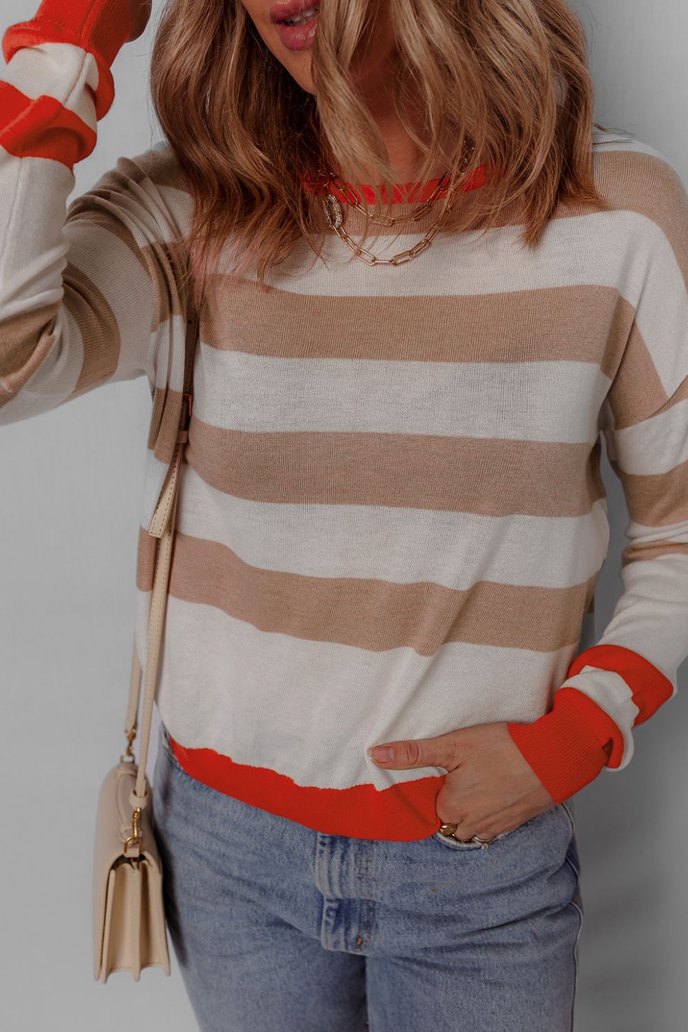 Contrast Striped Round Neck Drop Shoulder Knit Top