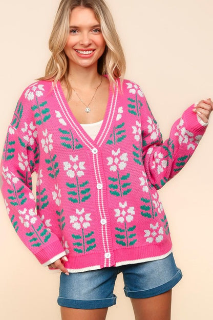 Hot Pink Floral V-Neck Button Up Cardigan—Small-3XL