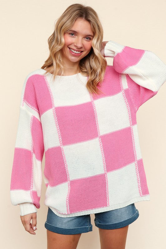 Pink + Ivory Checkered Oversized Sweater—Small-3XL