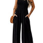 Smocked Sleeveless Wide Leg Jumpsuit with Pockets