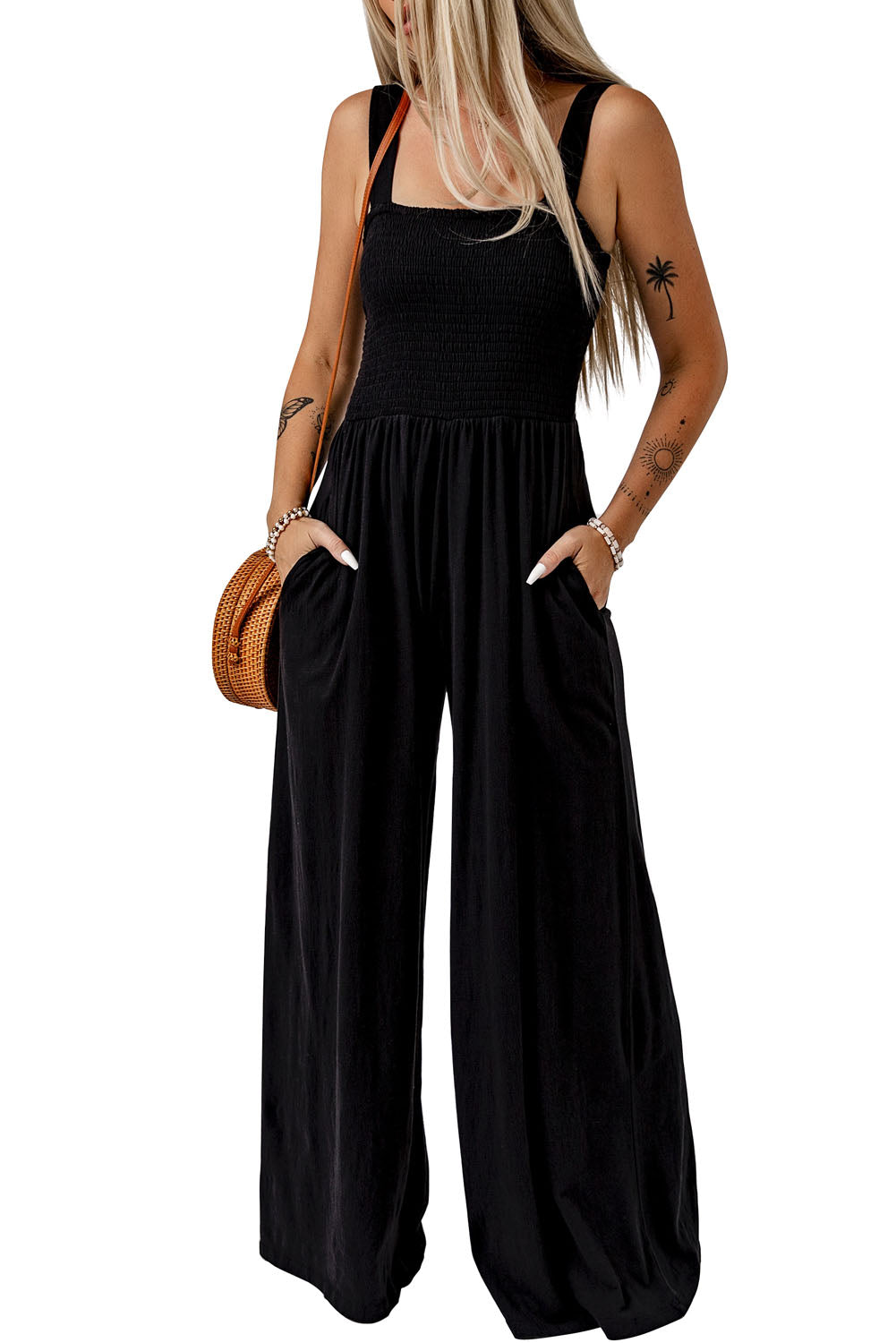 Smocked Sleeveless Wide Leg Jumpsuit with Pockets