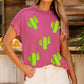 Rose Red Sequined Cactus Patched Ribbed Crew Neck T Shirt