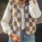 Khaki Checkered Sherpa Collared Jacket Vest