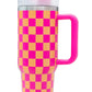 Bright Pink Checkered Print Handled Stainless Steel Tumbler Cup 40oz