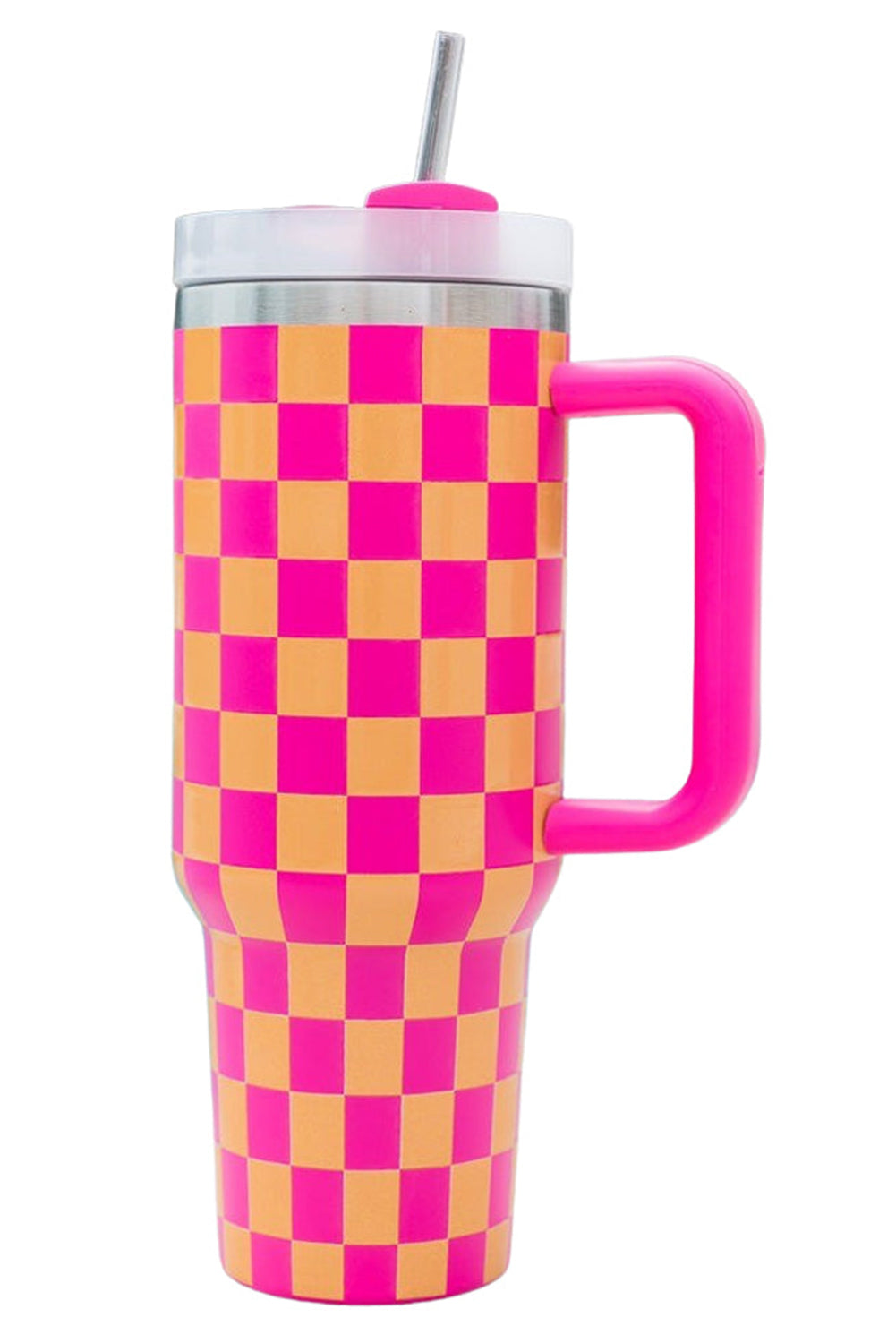 Bright Pink Checkered Print Handled Stainless Steel Tumbler Cup 40oz