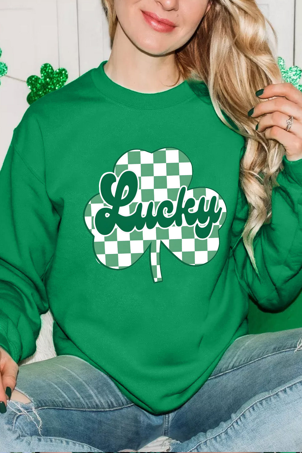 Dark Green St Patricks Checkerboard Clover Lucky Graphic Sweatshirt