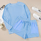 Light Blue Plus Size Ribbed Long Sleeve Top and Drawstring Shorts Set