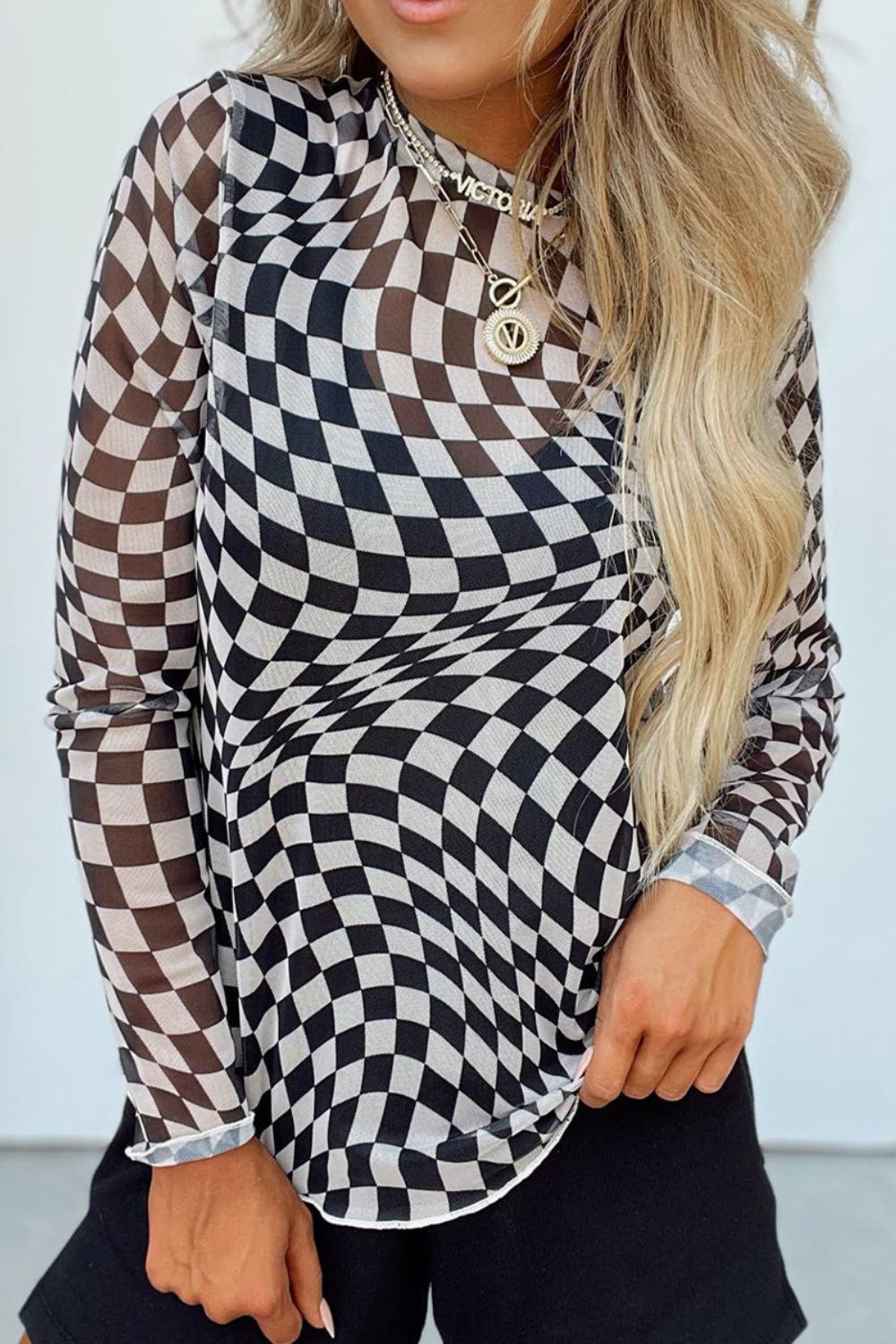 Checkered Print Mesh Long Sleeve