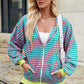 Drawstring Striped Zip Up Long Sleeve Hoodie