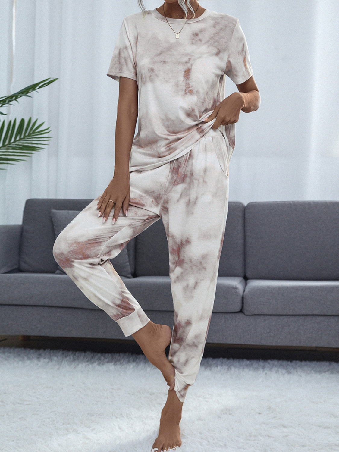 Tie-Dye Round Neck Short Sleeve Top and Pants Lounge Set