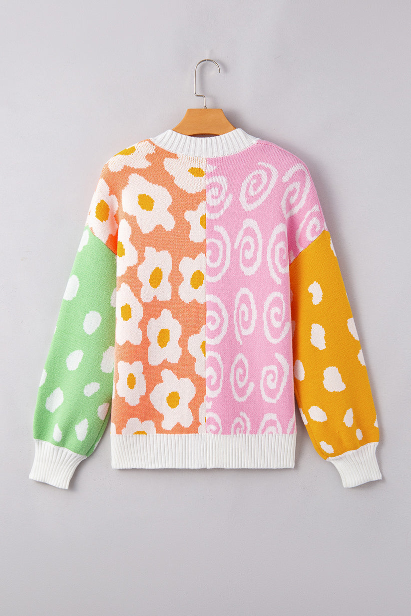 Flower & Dotted Mixed Open Front Cardigan