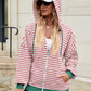 Drawstring Striped Zip Up Long Sleeve Hoodie