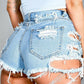 Distressed Raw Hem Denim Shorts with Pockets