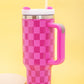 Bright Pink Checkered Print Handled Stainless Steel Tumbler Cup 40oz